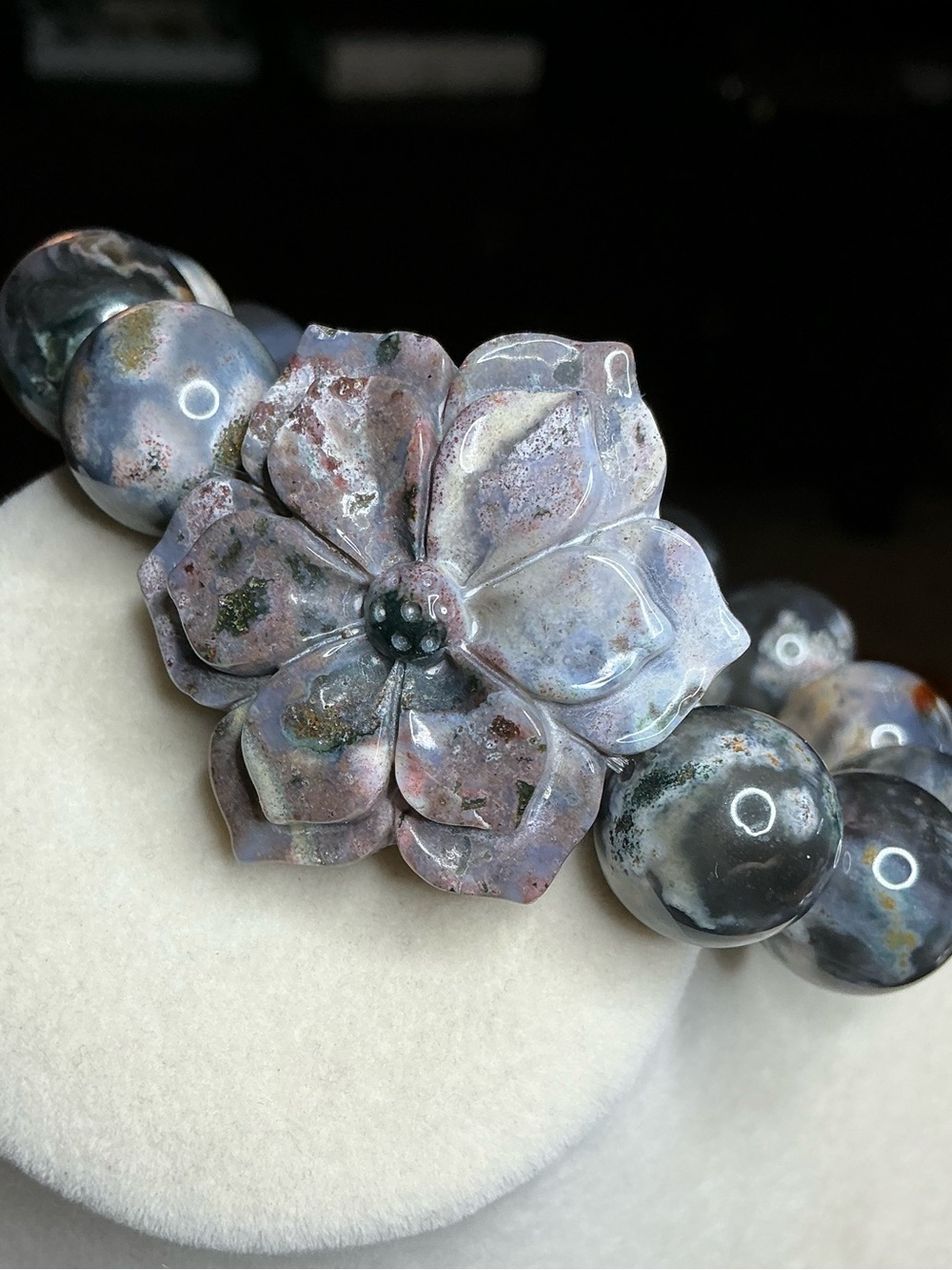 HQ Cosmic Ocean Jasper with OJ Flower Carving 14mm